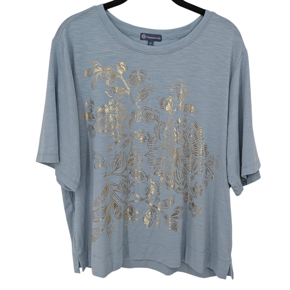 Democracy Top Women XL Blue Gold Floral Foil Graphic Short Sleeve Slub Knit Tee